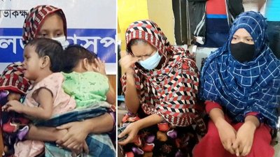 লাবিবা-লামিসাকে কোলে নিয়ে তাদের মা (বামে, শনিবারের ছবি), ডানে সোমবার সকালে উৎকণ্ঠায় স্বজনরা