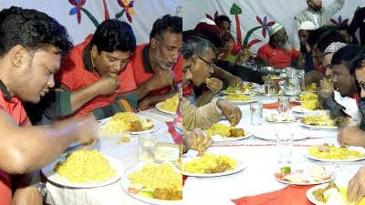 খিচুড়ি ও গরুর মাংস খাওয়ার প্রতিযোগিতায় অংশগ্রহণকারীরা
