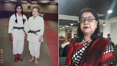 বামের ছবিতে কামরুন নাহার হীরু খেলোয়াড়ি জীবনে (১৯৮৮ সালে) জাপানি কোচের সঙ্গে দাঁড়িয়ে।