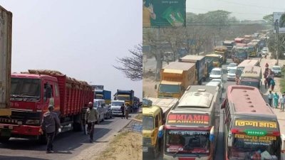 ঢাকা-চট্টগ্রাম মহাসড়কে আটকে থাকা গাড়ির দীর্ঘ সারি