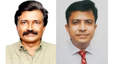 (বাঁ থেকে) সভাপতি মাসুদুল হক, সাধারণ সম্পাদক মাহতাব উদ্দিন আহাম্মদ