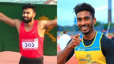 বাংলাদেশের দ্রুততম মানব ইমরানুর রহমান (বাঁয়ে) ও শ্রীলঙ্কার অ্যাথলেট ইয়েপুন আবেকুন