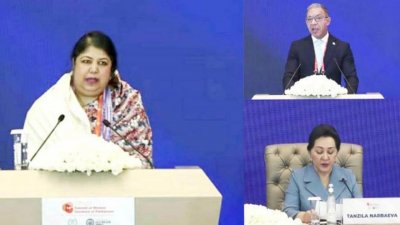 উজবেকিস্তানের তাসখন্দে স্পিকার্স অব পার্লামেন্টের ১৪তম সামিট (14SWSP)-এর এড্রেসিং দ্য রিস্কস অব দ্য পোস্ট প্যান্ডেমিক গ্লোবাল রিকভারি সেশনে বক্তব্য দিচ্ছেন স্পিকার ড. শিরীন শারমিন চৌধুরী