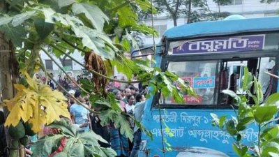 বসুমতি পরিবহনের একটি বাস ভ্যানটিকে চাপা দেয়
