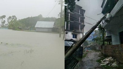 বাড়িঘরে উঠেছে পানি, ভেঙে পড়েছে বিদ্যুতের খুঁটি