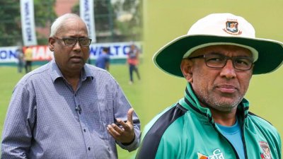বামে নাজমুল আবেদীন ফাহিম, ডানে হাথুরুসিংহে।