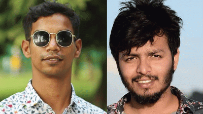আটক ছাত্রলীগ নেতা রাজীব হোসেন রবিন ও মোহাইমিনুল ইসলাম ইমন।