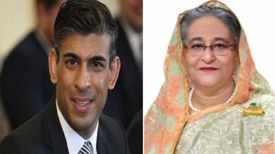 যুক্তরাজ্যের প্রধানমন্ত্রী ঋষি সুনাক ও বাংলাদেশের প্রধানমন্ত্রী শেখ হাসিনা। ছবি: বাসস