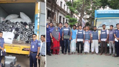 মালামালসহ উদ্ধার করা কাভার্ড ভ্যান। (ডানে) আটক ডাকাত দলের সদস্যরা