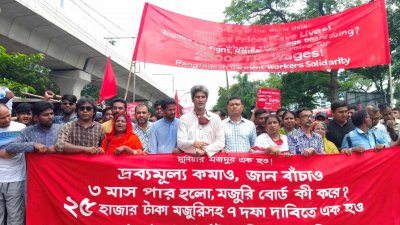 সাত দফা দাবিতে সমাবেশ ও মিছিল করেছে বাংলাদেশ গার্মেন্টস শ্রমিক সংহতি (ছবি: সাজ্জাদ হোসেন)