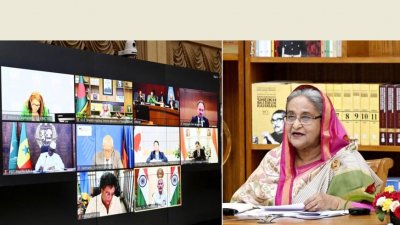 গ্লোবাল ক্রাইসিস রেসপন্স গ্রুপে (জিসিআরজি) বক্তব্য রাখেন প্রধানমন্ত্রী (ছবি: ফোকাস বাংলা)