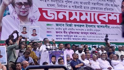 সমাবেশে বক্তব্য রাখছেন মির্জা ফখরুল ইসলাম আলমগীর