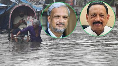 পানিতে ডুবে গেছে নগরীর রাস্তা, পাশের ছবিতে সিডিএ চেয়ারম্যান জহিরুল আলম ও সিটি মেয়র রেজাউল করিম