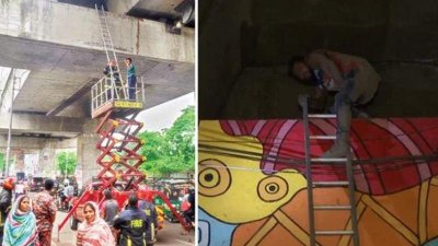 ফ্লাইওভারে ‘সুরঙ্গ’, পুলিশের সহায়তায় নামিয়ে আনা হচ্ছে একজনকে