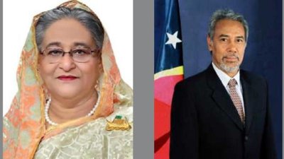 প্রধানমন্ত্রী শেখ হাসিনা (বাঁয়ে) এবং তিমুরের প্রধানমন্ত্রী  কে রালা জানামা গুসমাও।