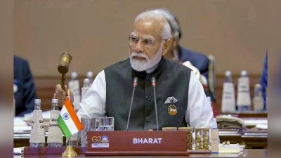 ভারত প্ল্যাকার্ড সামনে রেখে কথা বলছেন মোদি, ছবি: পিটিআই