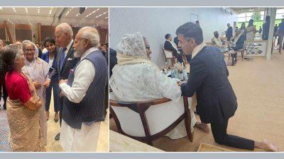 জি-২০ সম্মেলনে ফাঁকে আলাপচারিতায় প্রধানমন্ত্রী শেখ হাসিনা, মার্কিন প্রেসিডেন্ট জো বাইডেন ও ভারতের প্রধানমন্ত্রী নরেন্দ্র মোদি (বামে), শেখ হাসিনার সঙ্গে কথা বলছেন ব্রিটিশ প্রধানমন্ত্রী ঋষি সুনাক