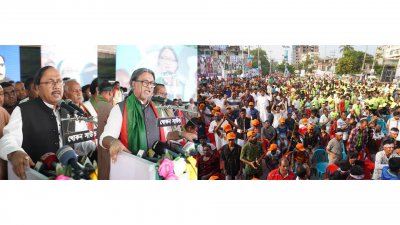 রাজশাহী মহানগর ও জেলা শাখার ত্রি-বার্ষিক সম্মেলনে বক্তব্য দিচ্ছেন এ এইচ এম খায়রুজ্জামান লিটন ও শেখ ফজলে শামস্ পরশ