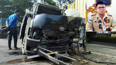 দুর্ঘটনায় দুমড়েমুচড়ে যাওয়া গাড়ি এবং ডানে উপরে নিহত পুলিশ পরিদর্শক জাহিদ ইকবাল