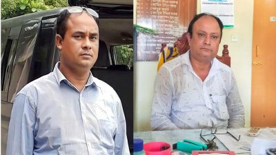 ব্যবস্থাপনা কমিটির সভাপতি বাবলু সরকার (বাঁয়ে) ও প্রধান শিক্ষক উৎপল কান্তি সরকার