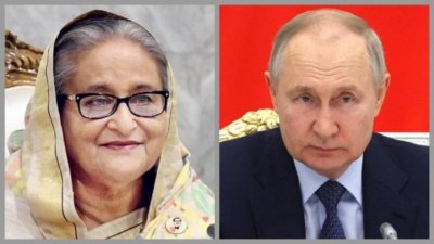 শেখ হাসিনা (বাঁয়ে), পুতিন (ডানে)