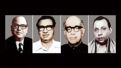বাঁ থেকে সৈয়দ নজরুল ইসলাম, তাজউদ্দীন আহমদ,  এম মনসুর আলী ও এএইচএম কামরুজ্জামান