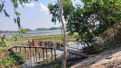 শিশু শিক্ষার্থীদের যাতায়াতের জন্য খালের ওপর নির্মিত কাঠের ব্রিজ