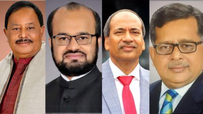 বাঁ থেকে-ডা. মুশফিক হুসেন চৌধুরী, অ্যাডভোকেট ময়েজ উদ্দিন শরীফ রুয়েল, মো. আবু জাহির ও অ্যাডভোকেট মাহবুব আলী