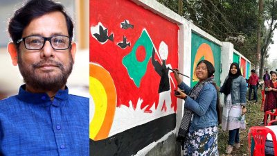 দেয়ালে ছবি আঁকছে শিক্ষার্থীরা, নেপথ্যে আসাদুজ্জামান নূর