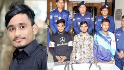 বামে আরিফ মন্ডল, ডানে গ্রেফতার তিন আসামি