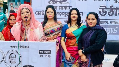 উঠান বৈঠকে বক্তব্য রাখছেন আ ফ ম বাহাউদ্দিন নাছিমের স্ত্রী ডা. শামীমা সুলতানা চৌধুরী রীতা
