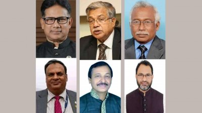 উপরে (বা থেকে) আব্দুস সালাম মুর্শেদী, নারায়ণ চন্দ্র চন্দ ও রশীদুজ্জামান, নিচে (বা থেকে) এস এম মোর্তজা রশিদী দারা, শেখ আকরাম হোসেন ও জিএম মাহবুবুল আলম