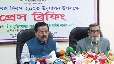 সচিবালয়ে বস্ত্র ও পাট মন্ত্রণালয়ের সম্মেলন কক্ষে ‘জাতীয় বস্ত্র দিবস’ উদযাপনের বিষয়ে বক্তব্য রাখছেন বস্ত্র ও পাটমন্ত্রী জাহাঙ্গীর কবির নানক