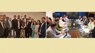 দিল্লিতে পররাষ্ট্র মন্ত্রণালয়ের মুখপাত্র রণধীর জয়সোয়ালের সঙ্গে বাংলাদেশের সাংবাদিকরা। (ডানে)  পাকিস্তানে তথ্যমন্ত্রী আত্তাউল্লাহ তারারের সঙ্গে সফররত বাংলাদেশের প্রতিনিধি দল