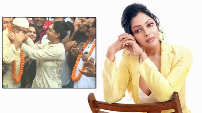 মিশা সওদাগরকে মালা পরিয়ে দিচ্ছিলেন নিপুণ আক্তার