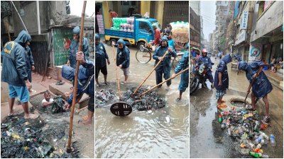 রাজধানীর বিভিন্ন এলাকার ড্রেনে প্লাস্টিক ও পলিথিন জমে পানি যাওয়ার পথ বন্ধ হয়ে গেছে (ছবি: আতিক হাসান শুভ)