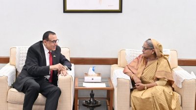 ফিলিস্তিনের রাষ্ট্রদূত ইউসুফ এস ওয়াই রামাদান চলমান ইসরায়েলি হামলার কারণে তার দেশের শোচনীয় পরিস্থিতি বর্ণনা করেন প্রধানমন্ত্রী শেখ হাসিনার কাছে (ছবি: ফোকাস বাংলা)