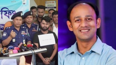 পুলিশ সুপারের সঙ্গে গ্রেফতার সোহাগ মিয়া, ডানে ব্যারিস্টার সুমন