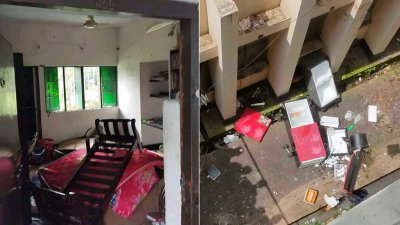 ঢাবি ছাত্রলীগের সভাপতি মাজহারুল কবির শয়নের কক্ষ (বামে), জসীমউদ্দিন হলে ছাত্রলীগ নেতাদের কক্ষ থেকে ফেলে দেওয়া জিনিসপত্র (ডানে)
