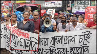 তুমুল বৃষ্টি আর পুলিশি বাধা পেরিয়ে রাজপথে শিল্পীরা