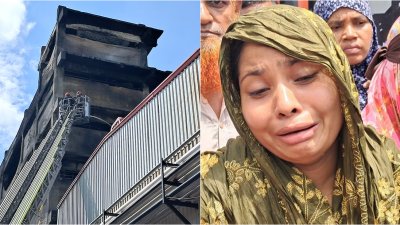 বাঁ থেকে গাজী টায়ার কারখানার ধ্বংসাবশেষ, স্বজনদের আহাজারি (ছবি: বাংলা ট্রিবিউন)