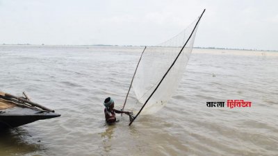 রাজশাহীর পদ্মা নদীতে মাছ ধরছেন জেলেরা