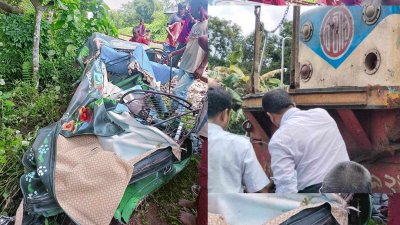 গুঁড়িয়ে যাওয়া অটোরিকশা (বাঁয়ে) ও ধাক্কা দেওয়া ট্রেন