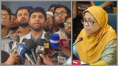আন্দোলনকারী চিকিৎসকরা, স্বাস্থ্য উপদেষ্টা নূর জাহান বেগম (ডানে)