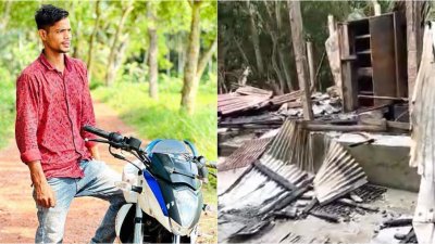 জাবেদ হোসেন ও পুড়ে যাওয়া ঘর (ছবি: বাংলা ট্রিবিউন)