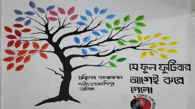 দেয়ালে একটি গাছ অঙ্কিত এই গ্রাফিতির স্লোগান, ‘যে ফুল ফুটিবার আগেই ঝরে গেলো’। পাশাপাশি লেখা হয়েছে, ‘চব্বিশের গণআন্দোলনে নিহত ৬৭ জন শিশুর তালিকা’। গাছটির প্রতিটি পাতায় লেখা হয়েছে ৬৭ জন শিশু-কিশোরের নাম