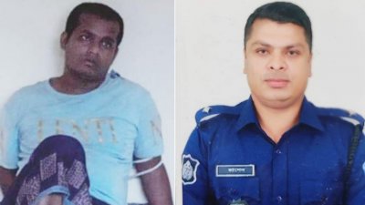 পলাতক যুবলীগ নেতা সাইফুল ইসলাম (বাঁয়ে) এবং লোহাগাড়া থানার ওসি রাশেদুল ইসলাম