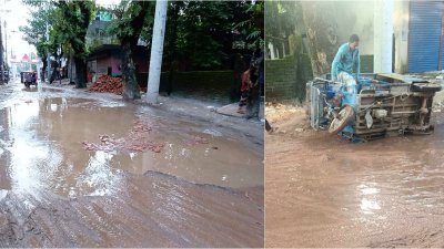 বেহাল সড়কে প্রায়ই ঘটে দুর্ঘটনা (ছবি: বাংলা ট্রিবিউন)