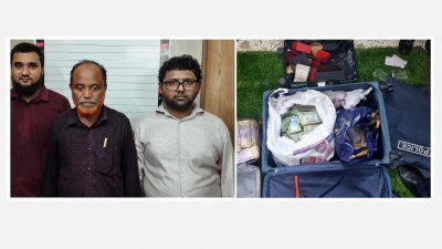গ্রেফতার শাহজাদা খান সাজ্জাদ, মো. তৌজিদুল ইসলাম ও মো. সাইফুল ইসলাম। ডানে জব্দ করা মুদ্রা ও সামগ্রী
