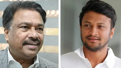 বামে বিসিবি সভাপতি ফারুক আহমেদ, ডানে সাকিব আল হাসান।